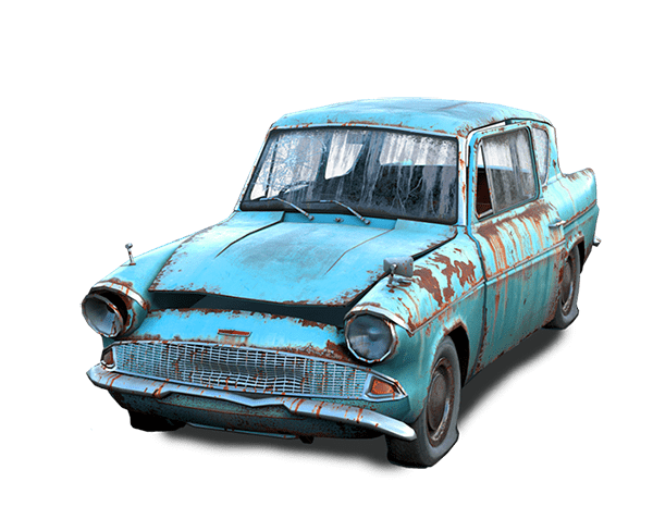 Image of an older blue car with rust